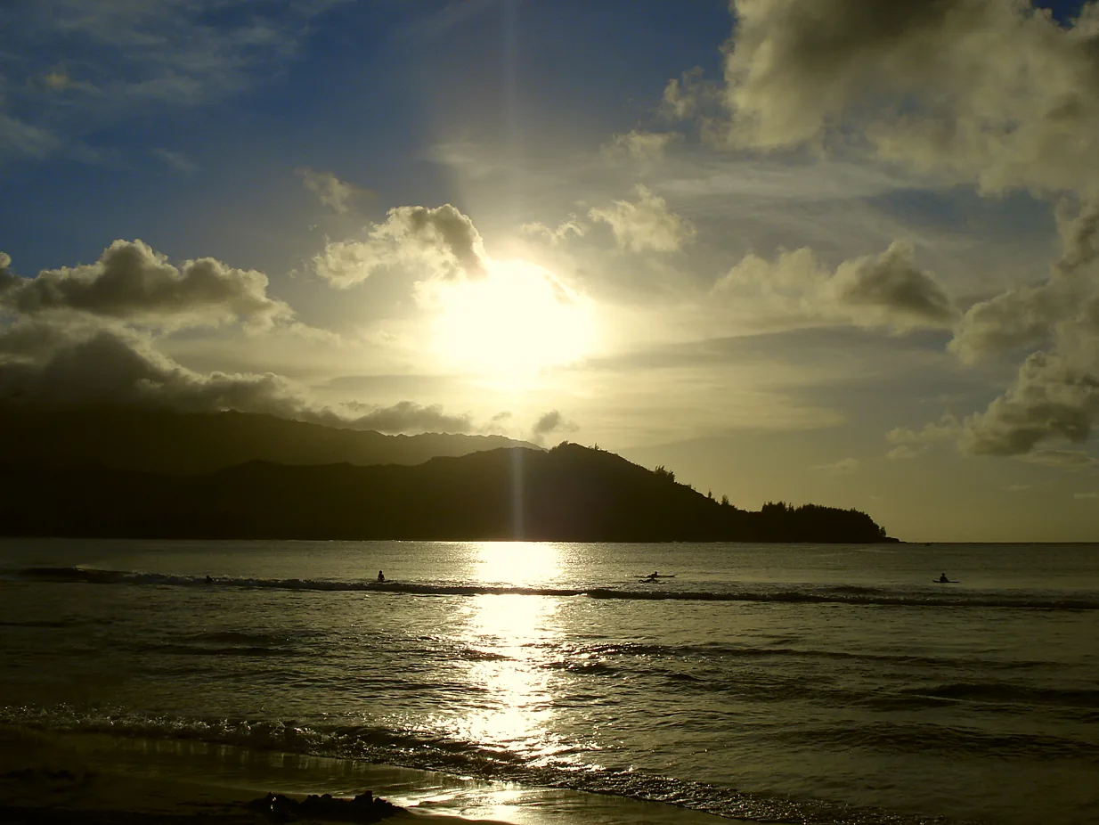 Golden sunset over a calm Hawaiian bay with a palm-lined shore
