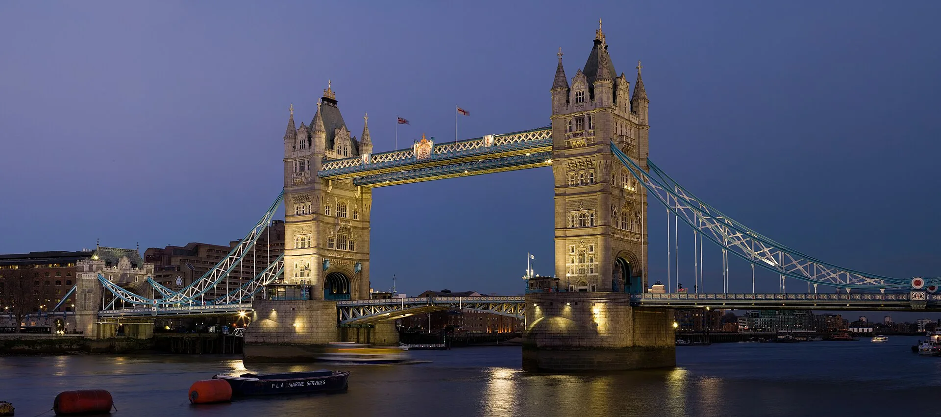 Tower Bridge over the Thames in London at dusk