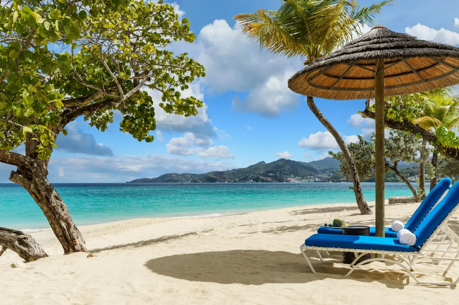 A palm-shaded lounger on a white-sand Caribbean beach with turquoise water