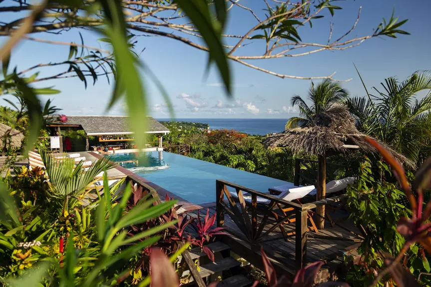 The infinity pool at Tet Rouge Resort framed by tropical foliage, the Caribbean Sea beyond